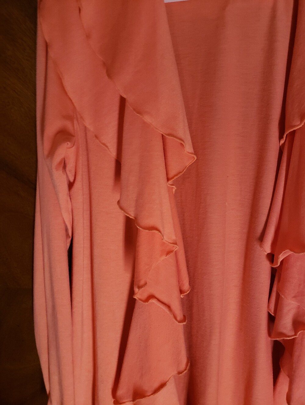 Coral Ruffle Open-Front Women's Sweater - Picture 3 of 7